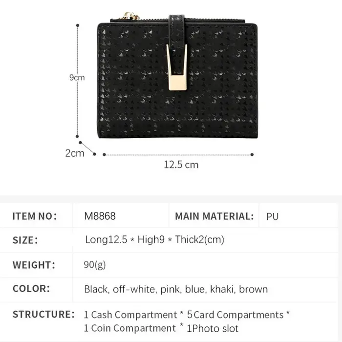 Portefeuille court pour femme en cuir PU, motif foncé, texture raffinée, poche à monnaie zippée, sac à main de créateur pour usage quotidien
