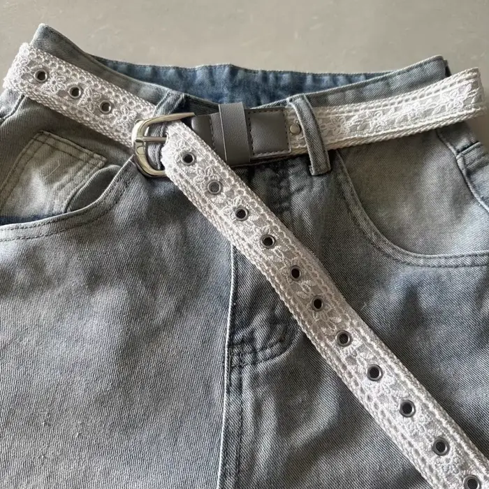 Ceinture en toile vintage avec dentelle pour femme, boucle métallique tendance, ceinture décorative,
