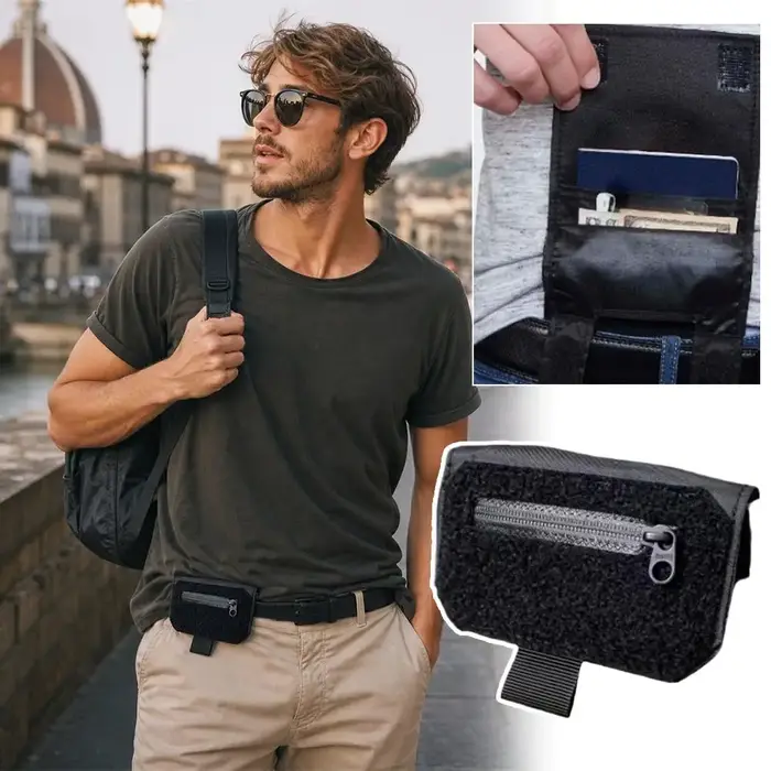 Portefeuille de ceinture noir mince antivol, sac banane compact avec pochette cachée pour documents, cartes et passeport, pour femmes et hommes, mini portefeuille de ceinture