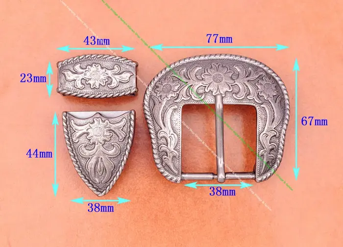 Boucle ardillon de barre d'extrémité en argent massif, ensemble de 3 pièces, bricolage, maroquinerie, Cowboy occidental, fleur, boucle de ceinture de remplacement adaptée à 38mm