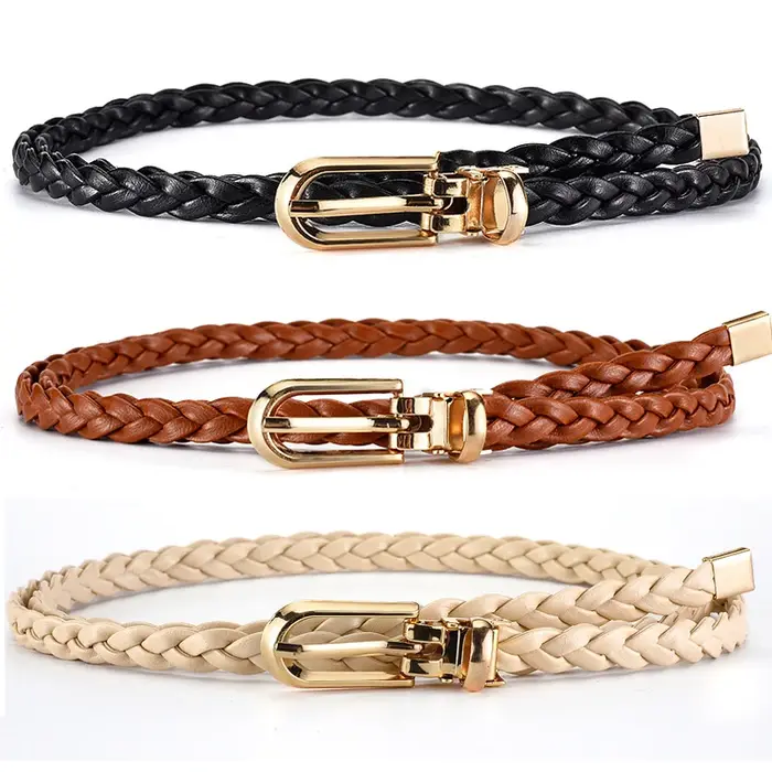 Ceinture Fine Tressée en Cuir pour Femme, Sangle de Taille Décorative, Broche à la Mode