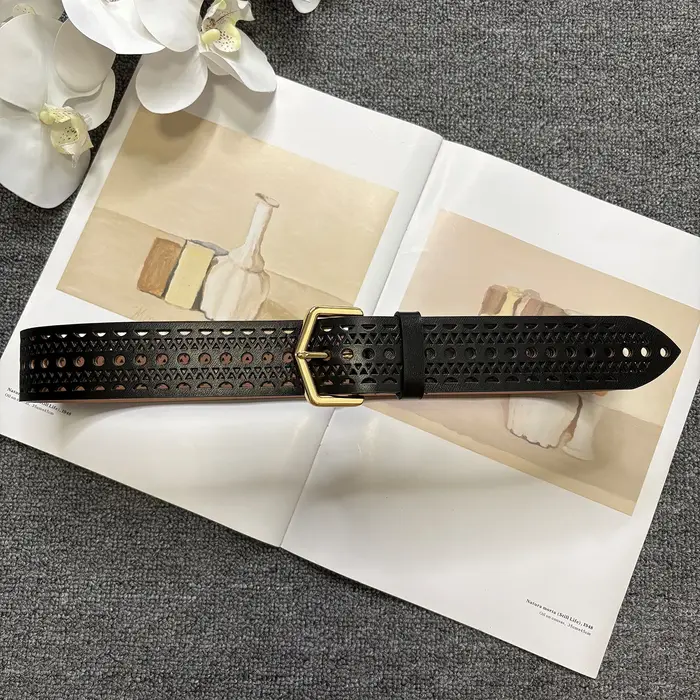 Ceinture en cuir de vachette ajourée style bohème, cuir véritable pour femme, boucle en cuivre, text