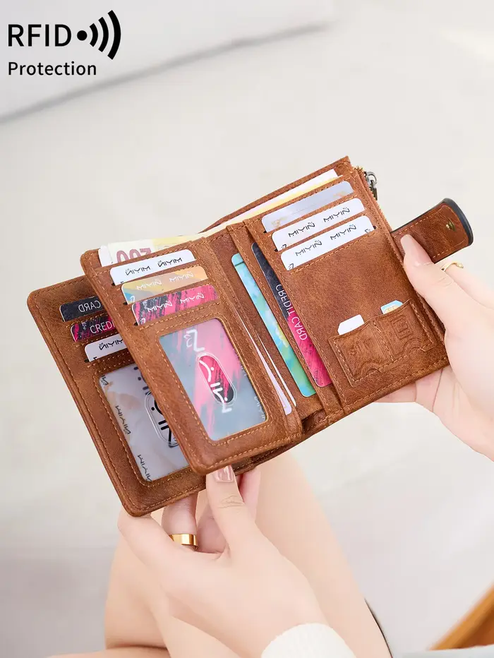 Portefeuille antivol RFID pour femme – Porte-monnaie rétro à trois volets avec fermeture à glissière, portefeuille court compact pour cartes de crédit, espèces et identifications