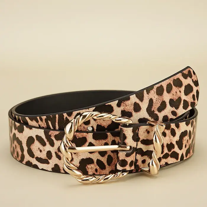 Ceinture en cuir PU à motif léopard rétro pour femmes avec boucle en alliage doré