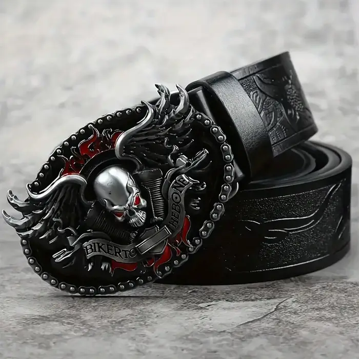 HERSHINE Ceinture en cuir gaufré vintage pour homme (1 pièce), boucle fantôme crâne, accessoire goth