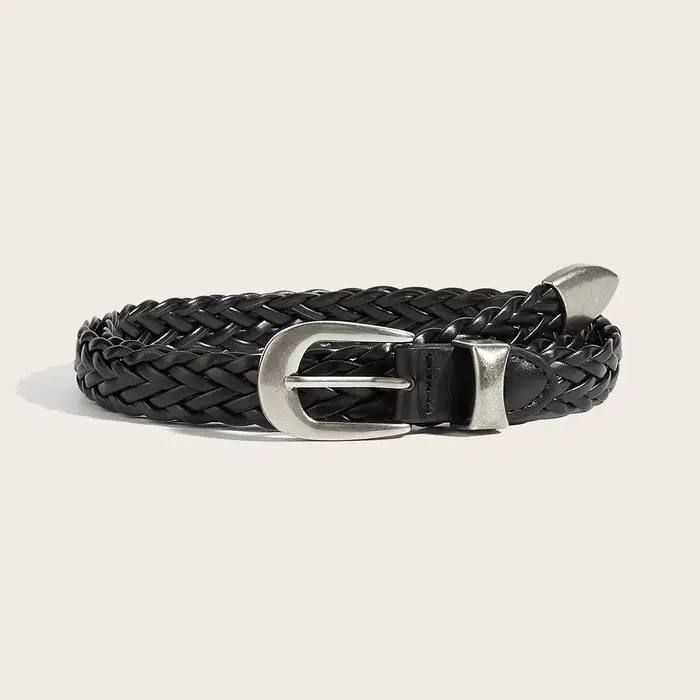 Ceinture tressée style punk sans perforation pour hommes et femmes, avec boucle en métal noir, style
