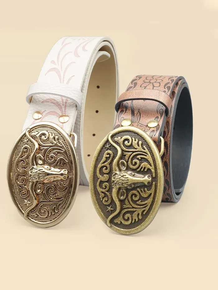 Ceinture décontractée vintage de style cowboy occidental – Boucle sculptée en tête de bœuf et imprimé bohème