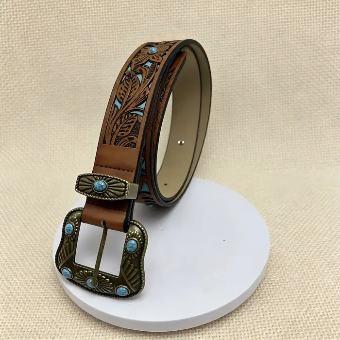 1 ceinture unisexe avec perles bleues, style western cowboy punk rétro, adaptée aux vêtements de cow
