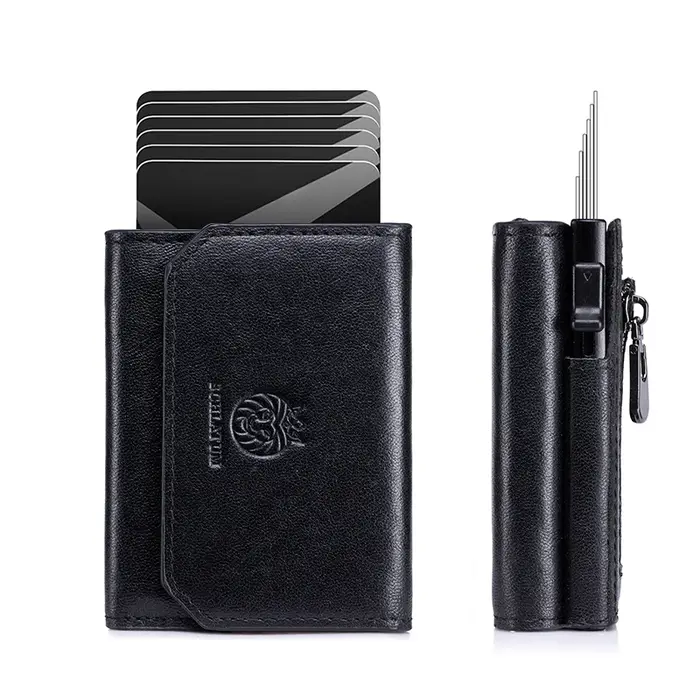 Porte-cartes en métal, portefeuille pop-up pour homme, portefeuille en cuir véritable à trois volets