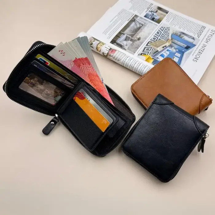 Portefeuille pour homme en cuir de qualité avec fermeture éclair