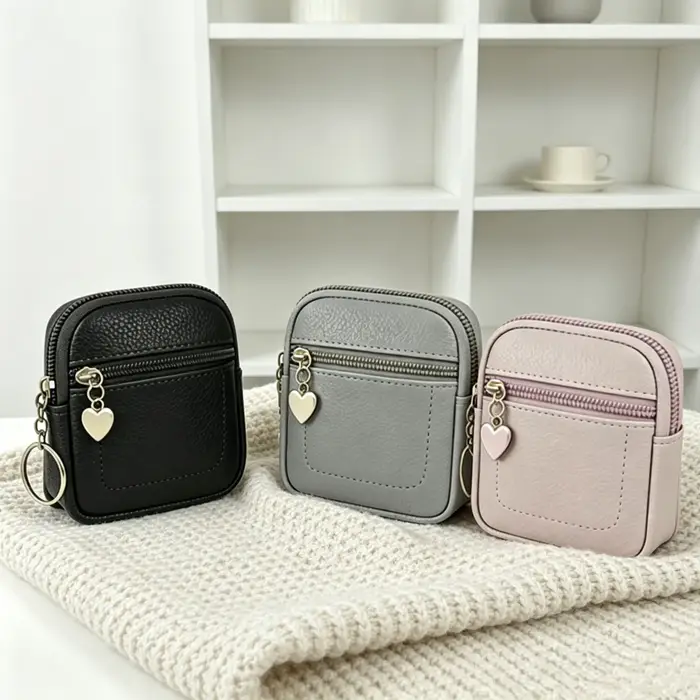 Nouvelle Pochette à Monnaie Portable en Cuir PU avec Anneau Porte-clés