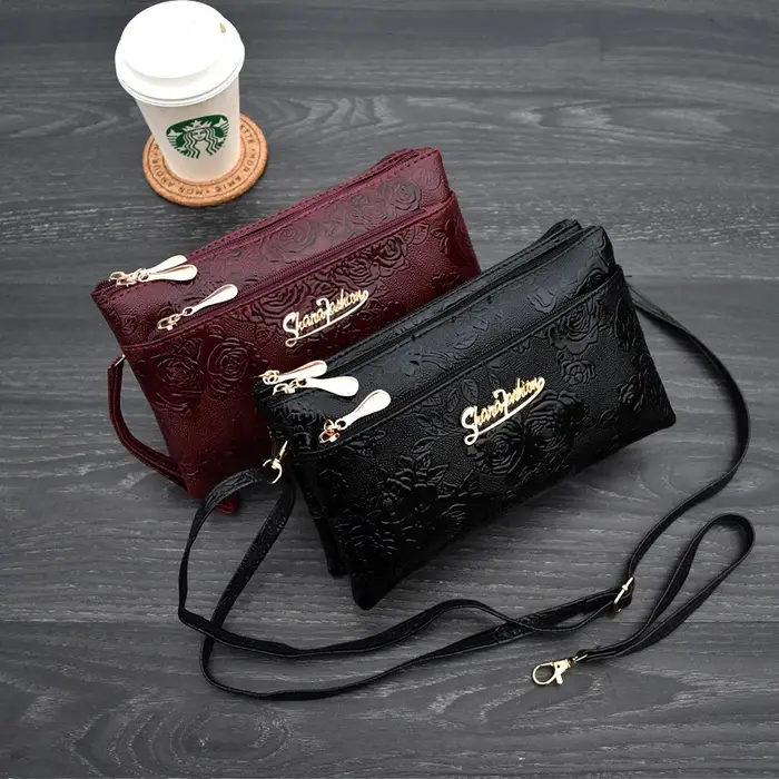 Portefeuille femme quatre fermeture éclair longue pochette 3D moletage rétro en cuir sac à main sac