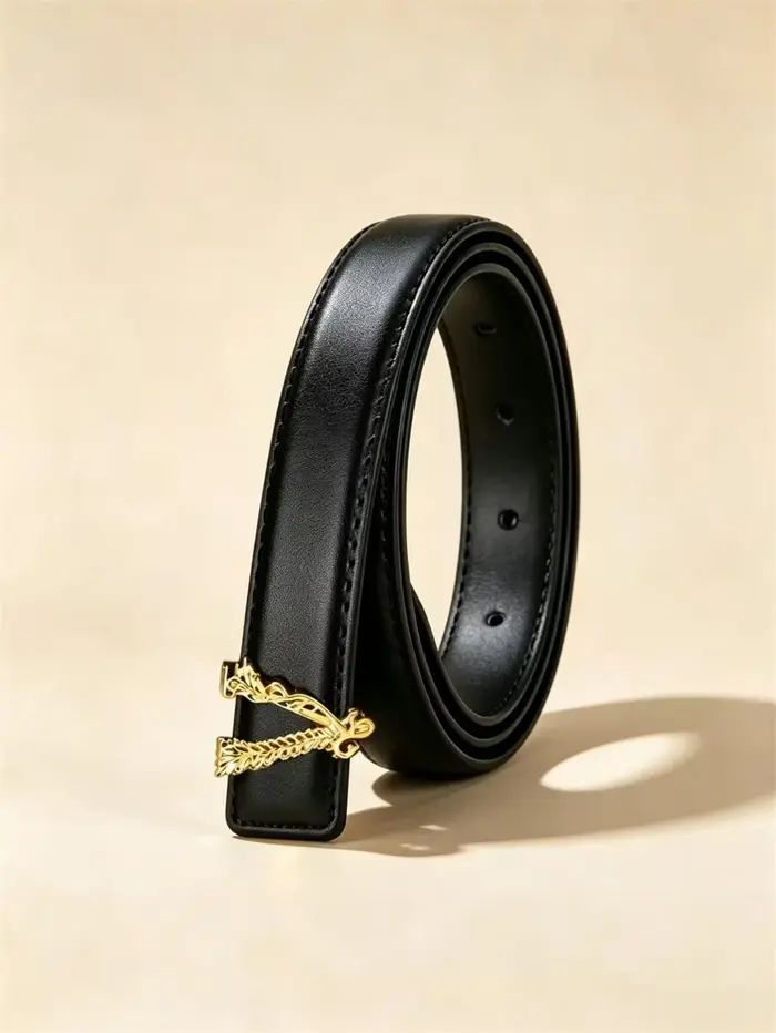 Ceinture de luxe pour femme, style créateur, en cuir PU noir, avec boucle double anneau dorée style