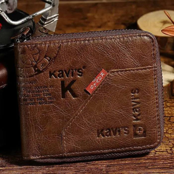 KAVIS portefeuille décontracté RFID bloquant mince porte-carte pour hommes en cuir véritable étui pour carte bancaire de crédit court mâle fermeture éclair autour du sac d'argent