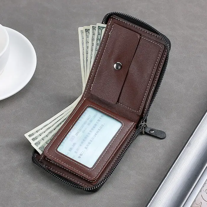 Portefeuille court vintage pour hommes – Porte-monnaie à trois volets avec fermeture éclair, sac d'argent avec chaîne de taille à boucle décontractée, portefeuille zéro pour étudiants et cadeau pour p