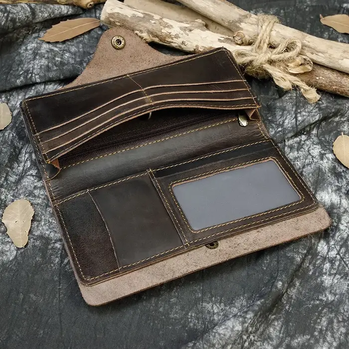 Portefeuille Long en Cuir de Cheval pour Homme, Pochette à Trois Volets, Marron, avec Poche pour Téléphone et Monnaie