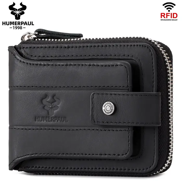 Portefeuille double pliable pour homme en cuir de vachette, grande capacité avec fermeture éclair, a
