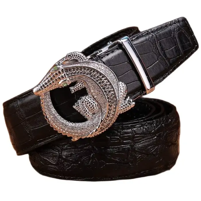 Ceinture en cuir véritable crocodile pour homme, sangle de luxe, boucle automatique, cuir de cercle,