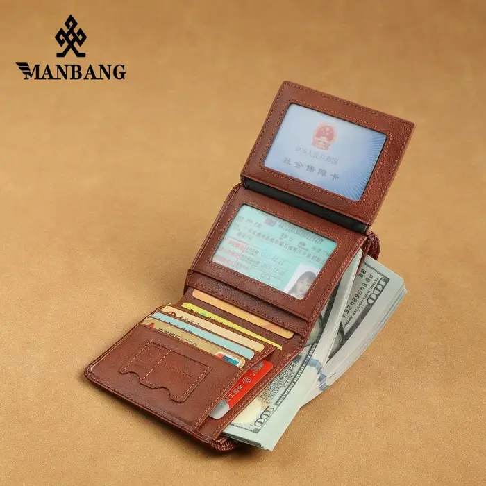 Manbang – portefeuille à trois volets en cuir véritable pour homme