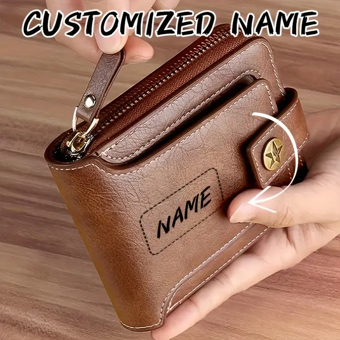 Portefeuille en PU pour homme avec nom personnalisé, étui compact pour cartes avec fermeture éclair