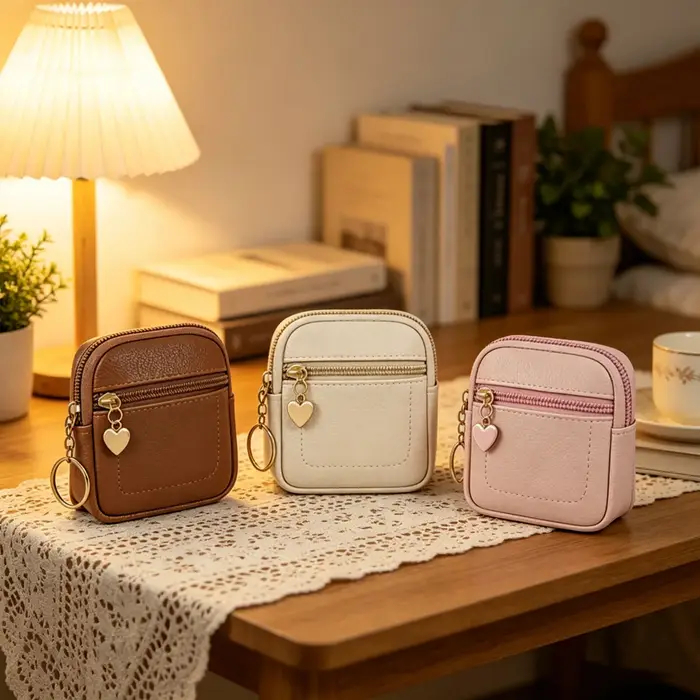 Nouvelle Pochette à Monnaie Portable en Cuir PU avec Anneau Porte-clés