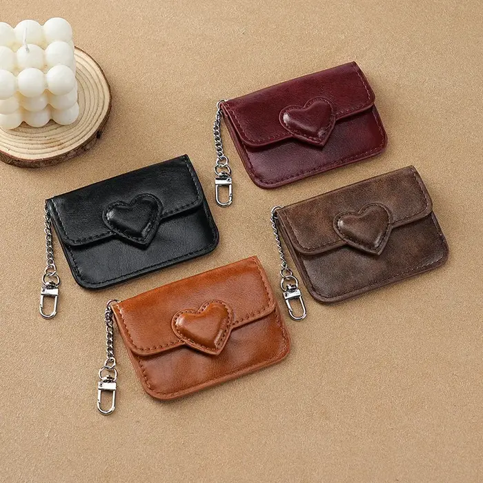 Porte-cartes Vintage en cuir PU pour femmes, petit portefeuille mignon en forme de cœur, porte-clés 