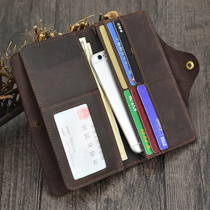 Portefeuille Long en Cuir de Cheval pour Homme, Pochette à Trois Volets, Marron, avec Poche pour Téléphone et Monnaie