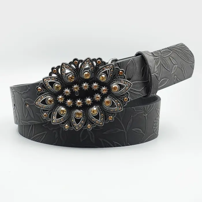 Ceinture élégante rétro incrustée de strass noir pour femmes