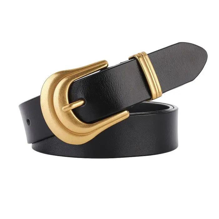Nouvelle ceinture en cuir véritable pour femmes, ceinture noire occidentale, boucle dorée pour jeans