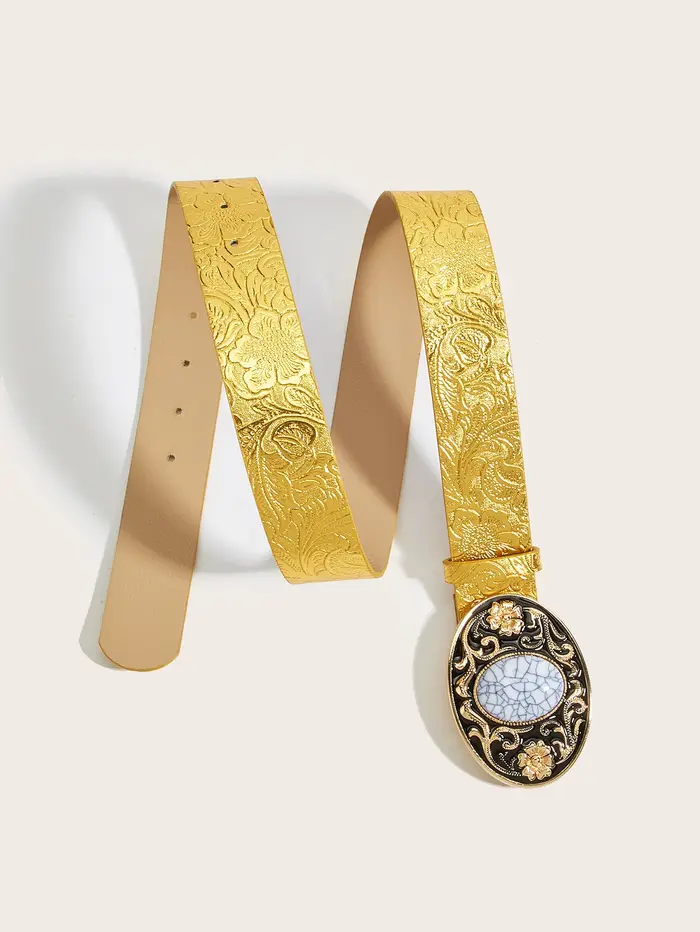Ceinture western dorée pour femme avec boucle ovale en pierre sculptée. Style cowgirl Y2K tendance pour jeans et
