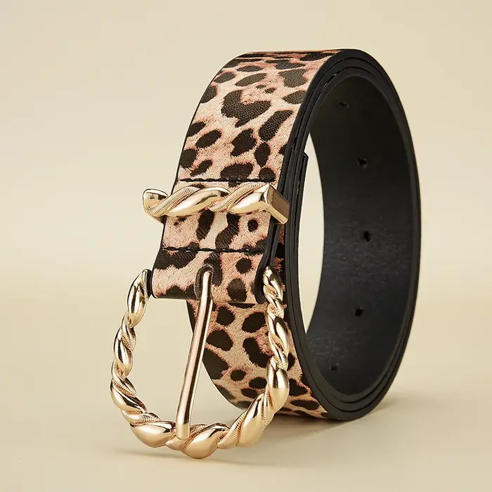 Ceinture en cuir PU à motif léopard rétro pour femmes avec boucle en alliage doré, ceinture tendance