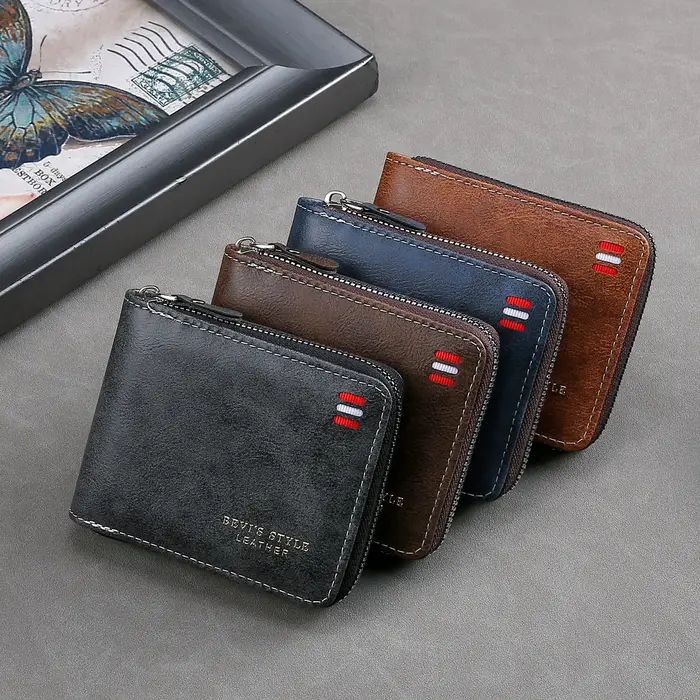 Portefeuille court vintage pour hommes – Porte-monnaie à trois volets avec fermeture éclair, sac d'argent avec chaîne de taille à boucle décontractée, portefeuille zéro pour étudiants et cadeau pour p