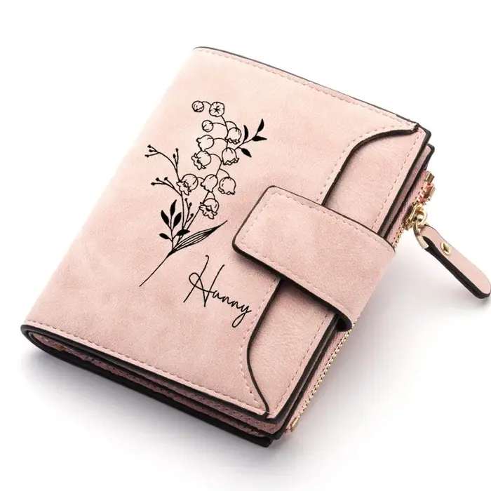 Portefeuille en cuir avec nom personnalisé pour femmes, porte-monnaie personnalisé avec motif de fle