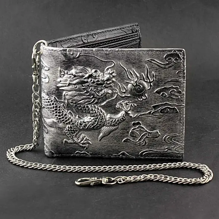 Portefeuille pour homme Punk Rock Biker avec chaîne en métal, dragon argenté rétro en relief, en cui
