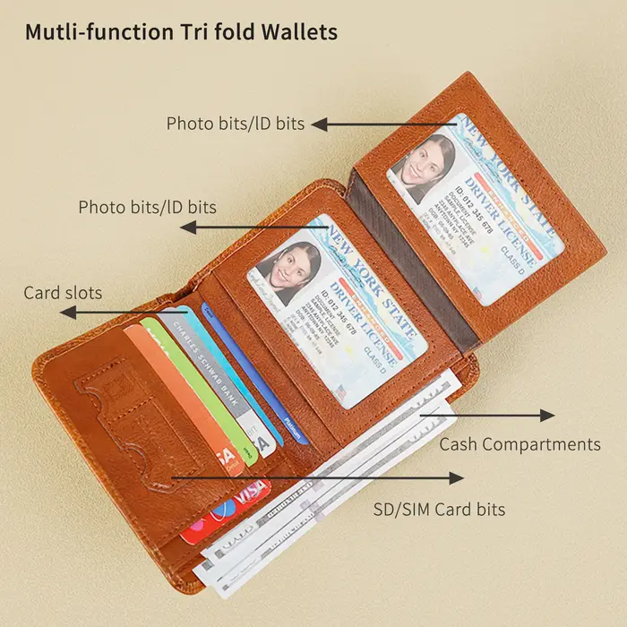 Portefeuilles pour hommes en cuir véritable, blocage RFID, portefeuille court à trois volets pour hommes avec fenêtre d'identification et porte-cartes de crédit