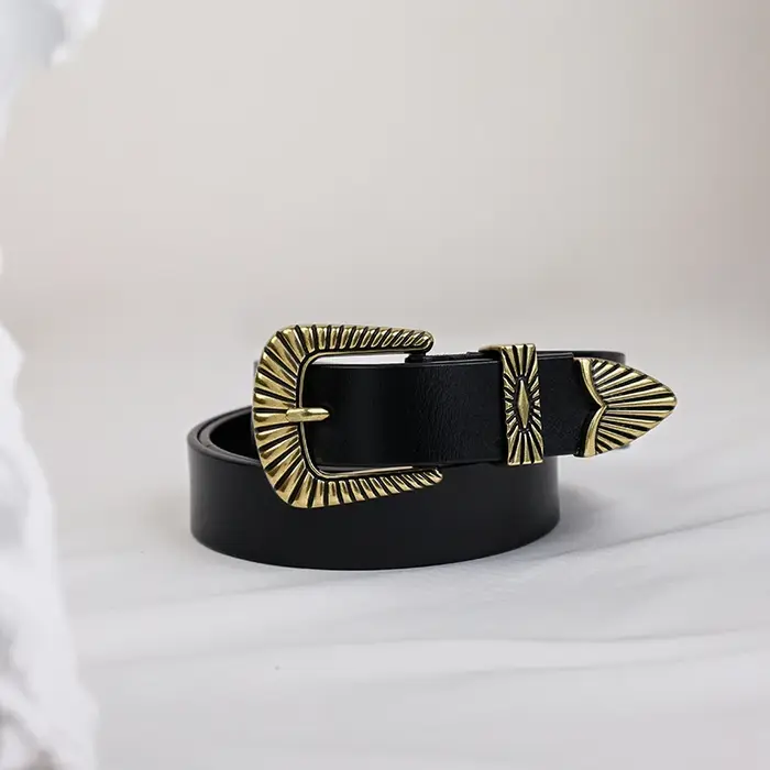 Nouvelles ceintures Western pour femme, grande taille, avec boucle classique, en cuir véritable noir