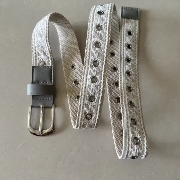 Ceinture en toile vintage avec dentelle pour femme, boucle métallique tendance, ceinture décorative,