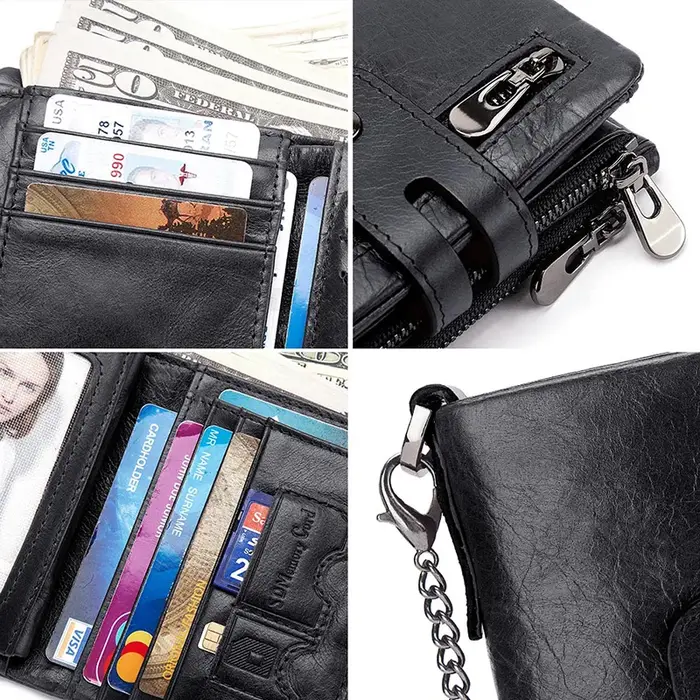 HUMERPAUL hommes portefeuille à deux volets avec 2 compacts de facture peau de vache RFID mâle porte-carte d'argent sac à main court Double fermeture éclair poches pour pièces de monnaie
