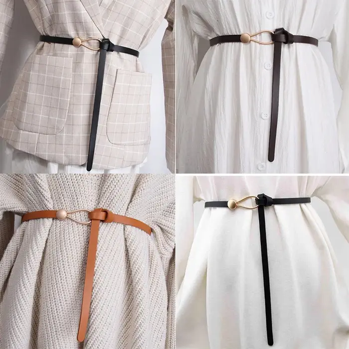 Ceinture fine en cuir avec nœud blanc ou noir pour femme
