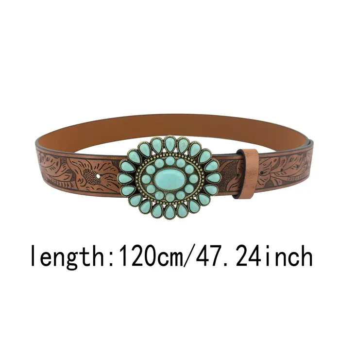 Ceinture de mode de haute qualité turquoise incrustée de style bohème occidental, ceinture décontractée en cuir PU avec boucle en alliage de zinc pour hommes et femmes