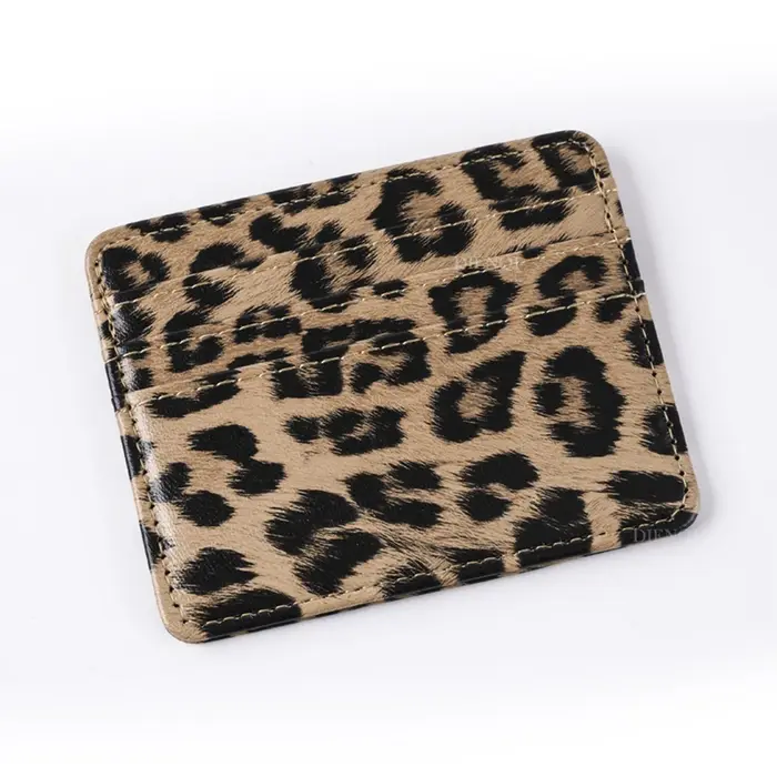 Portefeuille porte-cartes fin à imprimé léopard en cuir PU, étui compact multi-fentes pour cartes de