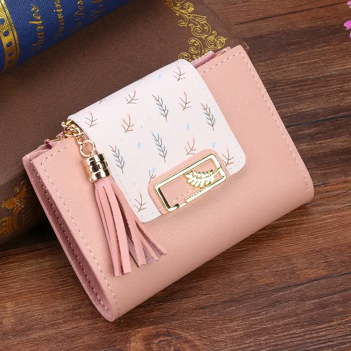 Portefeuille court à pompon en cuir Pu pour femmes