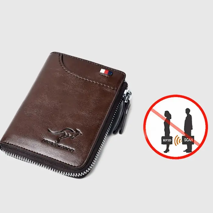 Portefeuille à fermeture éclair en cuir véritable pour hommes