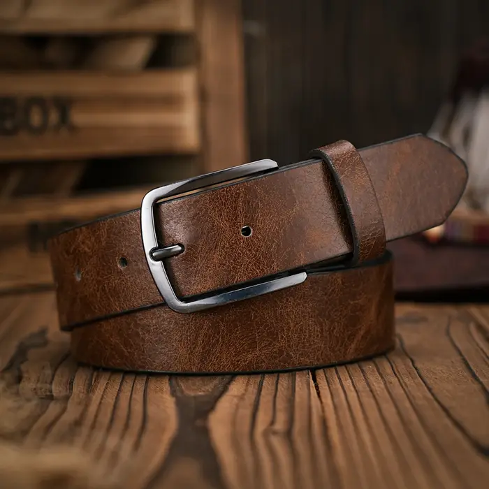Ceinture en PU marron de style décontracté avec boucle en métal rétro pour homme et femme