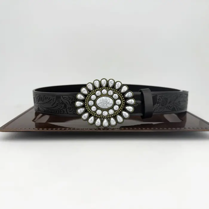 Ceinture de mode de haute qualité turquoise incrustée de style bohème occidental, ceinture décontractée en cuir PU avec boucle en alliage de zinc pour hommes et femmes
