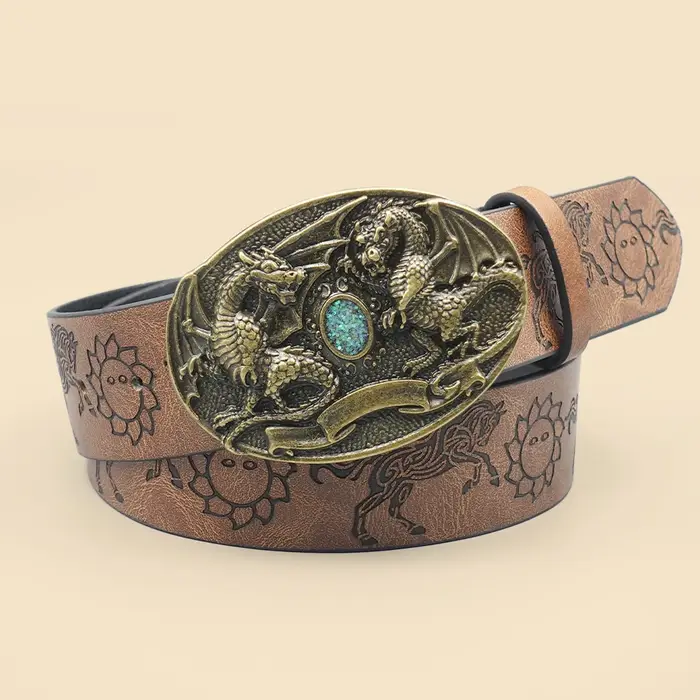 Ceinture décontractée marron de style européen avec motif de dragon rétro sculpté et boucle incrustée de pierres
