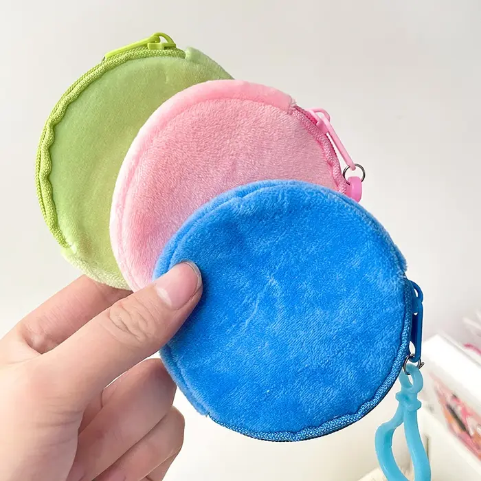 Porte-monnaie rond en peluche solide simple pour hommes et femmes