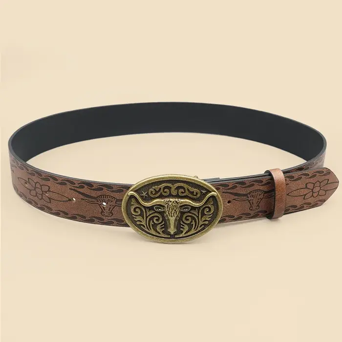 Ceinture décontractée vintage de style cowboy occidental – Boucle sculptée en tête de bœuf et imprimé bohème