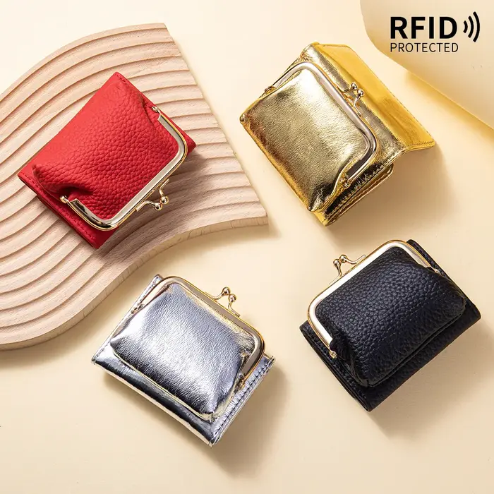 Mini portefeuille court en cuir véritable pour femmes, Design Vintage, blocage RFID, fente multi-cartes, porte-monnaie, sacs à fermoir Kiss Lock