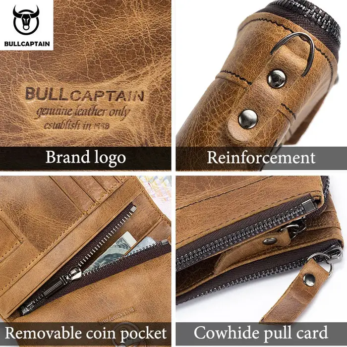 BULLCAPTAIN portefeuille en cuir véritable pour hommes sac à main court petit